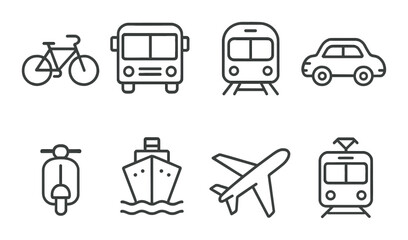 Various transport icons: bicycle, bus, train, car, scooter, ship, airplane, tram
