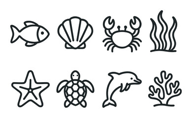 Sea life silhouettes: fish, shell, crab, seaweed, starfish, turtle, dolphin, coral