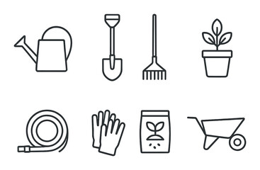 Gardening tools icon set featuring watering can, shovel, rake, potted plant, hose, gloves, soil bag, wheelbarrow