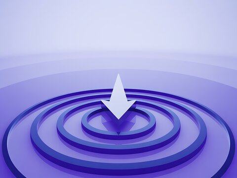 Abstract 3D Graphic with Concentric Purple Circles and a White Downward Arrow in the Center concentric circles
