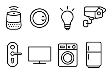 Smart home icons set featuring appliances and security devices on dark background