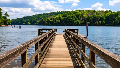 Fototapeta premium Serene Wooden Dock Extending to a Lake with Lush Green Forested Hills Under a Blue Sky