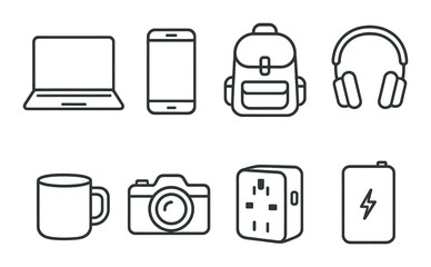 Outline icons: laptop, smartphone, backpack, headphones, mug, camera, speaker, battery