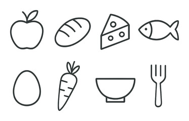 Healthy food icons set featuring apple, bread, cheese, fish, egg, carrot, bowl, and fork