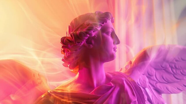 A statue of an angel with a pink and blue background