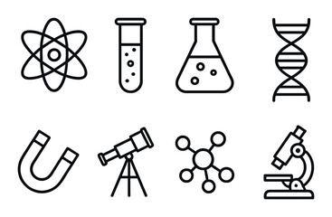 Science icons set featuring dna, microscope, and chemistry symbols on dark background