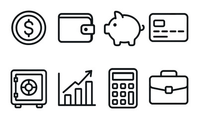 Minimalist vector icons of finance: wallet, piggy bank, graph, and briefcase
