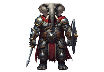Obraz premium A formidable elephant warrior, clad in detailed metallic armor, stands ready with sword and shield.