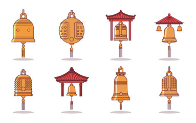 Buddhist bells and shrines in warm colors