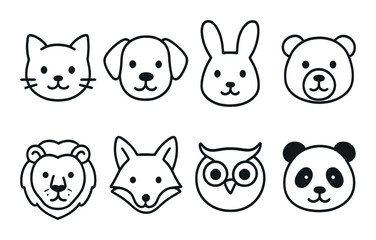 Cartoon animal faces collection: cat, dog, rabbit, bear, lion, fox, owl, panda icons