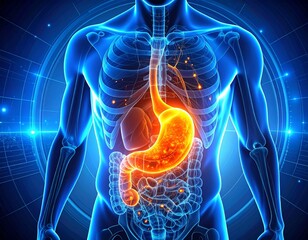 Digital 3D gastrointestinal medical concept showing acid reflux in glowing stomach scan with futuristic data interface, blue holographic healthcare visualization for digestive system anatomy editorial