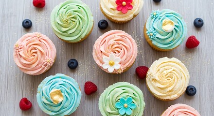 Assorted Pastel Cupcakes with Decorative Floral Accents and Fresh Berries