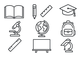 Educational tools and symbols: book, pencil, globe, microscope, graduation cap, backpack