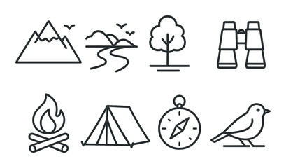 Outdoor adventure icons: hiking, camping, and nature exploration symbols