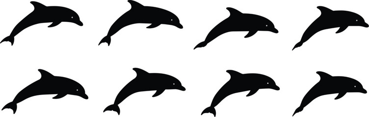 Dolphin silhouette illustration, black and white marine design, swimming pose, ocean animal vector, aquatic life art, sea creature graphic, minimal style