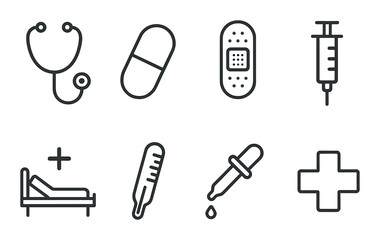 Medical icons set: stethoscope, pill, bandage, syringe, bed, thermometer, dropper, cross