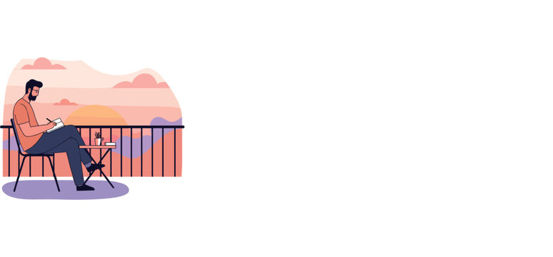 Creative writing session balcony illustration evening side view inspiration. Vector illustration