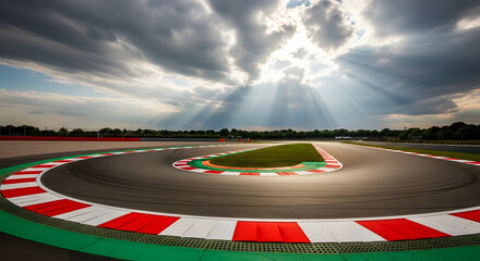 Empty winding race track curve under dramatic cloudy sky with powerful sun rays