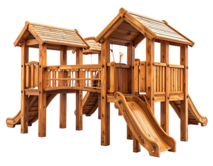 Wooden playhouse structure with slides and platforms
