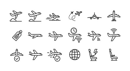Fototapeta premium Collection of hand drawn airplane icons featuring travel and aviation themes in a simple sketch style vector