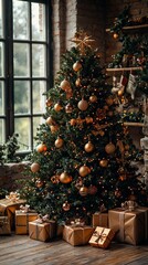 Obraz premium A beautifully decorated Christmas tree stands in a rustic room, surrounded by presents. Warm lighting enhances the festive atmosphere
