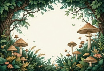 Deep Greens   Brown Palette with Detailed Illustrations of Mushrooms and Ferns, For a fairy tale.