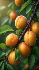 Closeup of ripe apricots on a branch, glistening with water droplets in the warm sunlight of summer