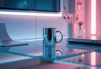 Minimalist Futuristic Desk  Chrome Coffee Mug and Glass Desk with Neon Lighting.