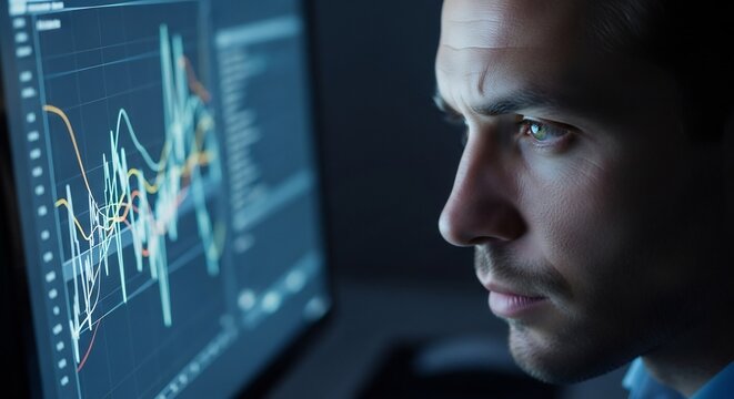 Focused Young Man Analyzing Complex Financial Data Charts on Computer Screen in a Dark Room, Dedicated to Market Insights - Powered by Adobe