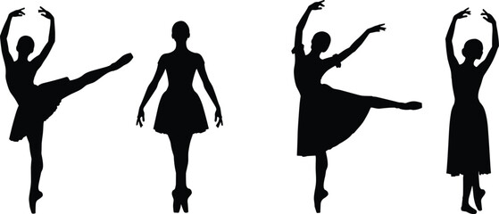 Ballet dancer silhouette set in classical poses, black and white vector illustration, graceful motion, performance art, dance elegance icon © Creative Art