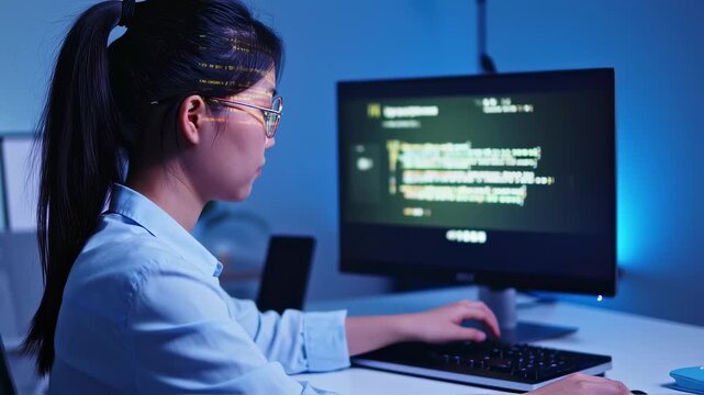 Concentrated young developer writing code in office at night for future technology