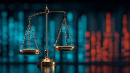 A golden scales of justice stands prominently against a blurred blue and red background pattern