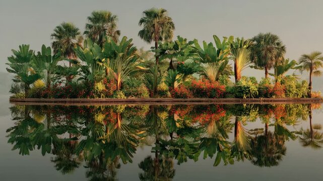 Tropical Island Oasis Lush Greenery Reflected in Calm Water
