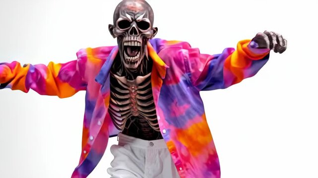 Skeleton figure in vibrant tie-dye shirt and white pants is energetically running forward, showcasing dynamic movement and vivid colors, capturing the essence of lively expression and motion in a stri