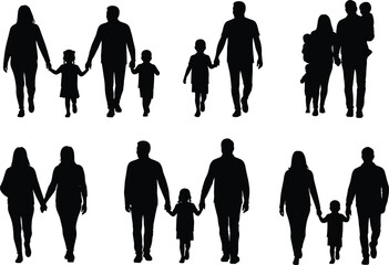 PrintFamily walking silhouette illustration with parents and children holding hands, father mother kids vector design for love, unity, lifestyle concept