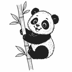 Cute baby panda sitting on a bamboo trunk with leaves. Vector