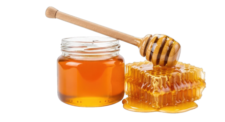 Honey jar, honeycomb, and dipper on black background isolated on a transparent background