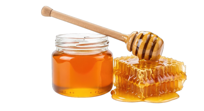 Honey jar, honeycomb, and dipper on black background isolated on a transparent background