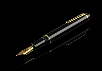 A sophisticated black fountain pen with gold accents rests on a dark surface, showcasing its elegant design.