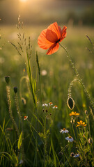 Backlit petals of a poppy glowing orange against soft green meadow.