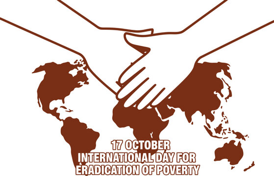 Hands clasped in solidarity over a stylized world map, symbolizing global unity and support for poverty eradication.