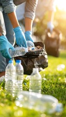 Volunteers collecting plastic bottles in a park