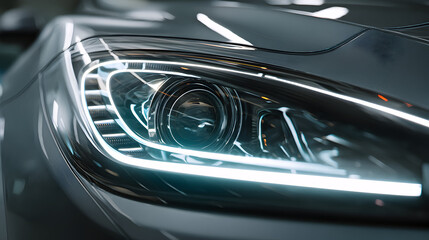 Fototapeta premium Close-up view of a car headlight with bright led lights.