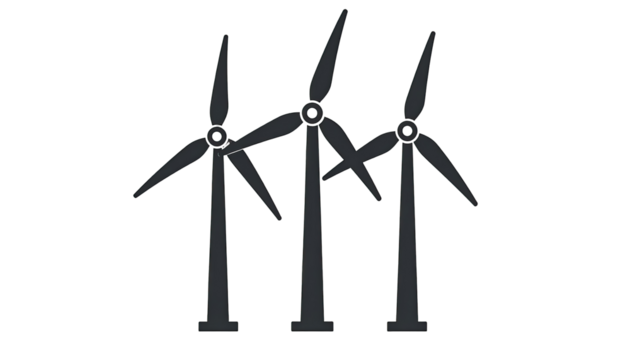 Three wind turbines illustrated in dark grey