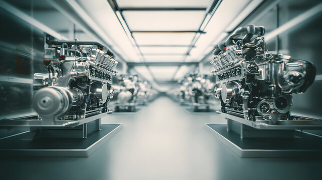 Industrial engines aligned in a modern factory setting with bright lighting.