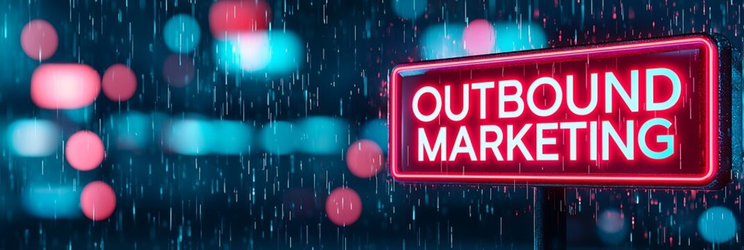 A neon sign reading "OUTBOUND MARKETING" glows amid a rainy backdrop, creating a vibrant and atmospheric scene.