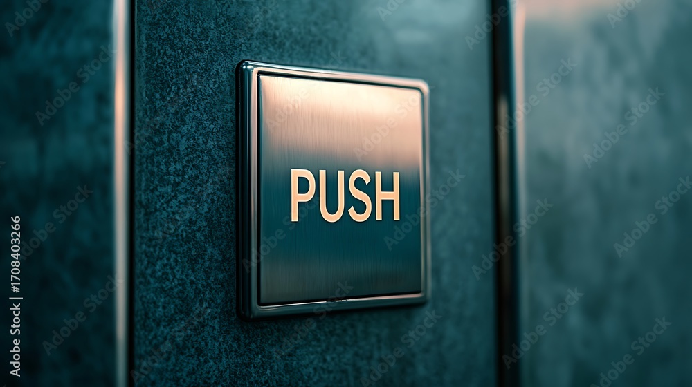 Poster a close-up of a metallic button with the word 