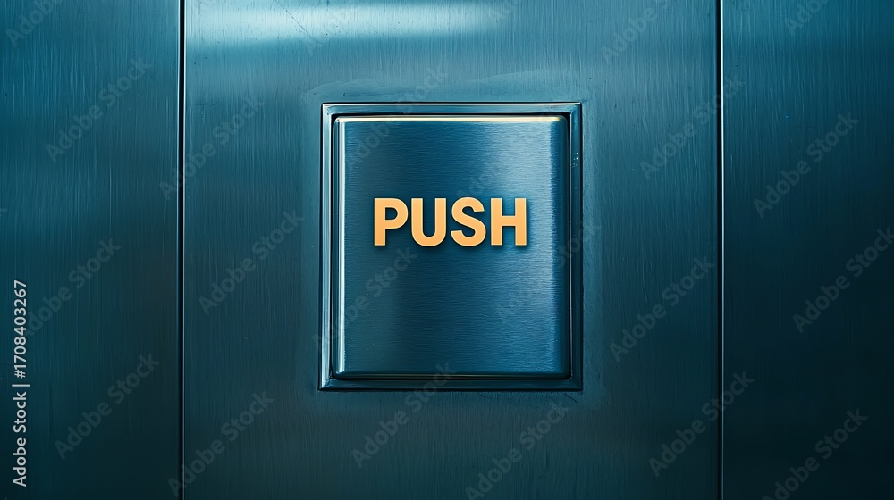 Poster a close-up of a metallic elevator push button with the word 
