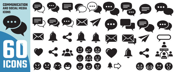 Collection of 60 diverse communication and social media icons in black silhouette on a white background representing chat messages and connections