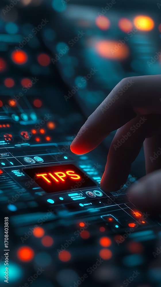 Poster a hand interacts with a digital interface displaying the word 